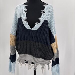 Miracle Cropped  Colorblock Distressed Chunky Knit Pullover Sweater Womens M